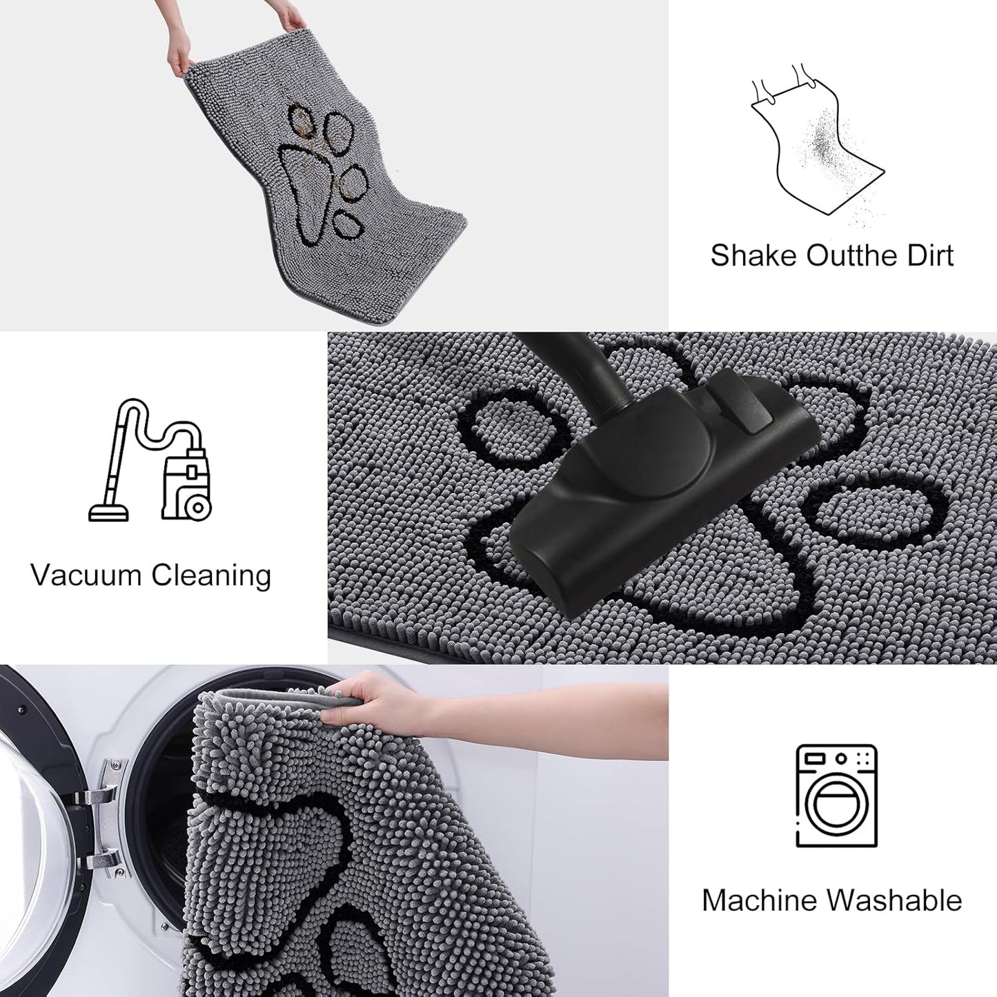 Smiry Dog Door Mat for Muddy Paws, Absorbent Dirt Trapper Non Slip Quick Dry Washable Chenille Mat for Mud Dogs, Entry Rug for Indoor and Outdoor (48x30 Inches, Dark Grey and Black)