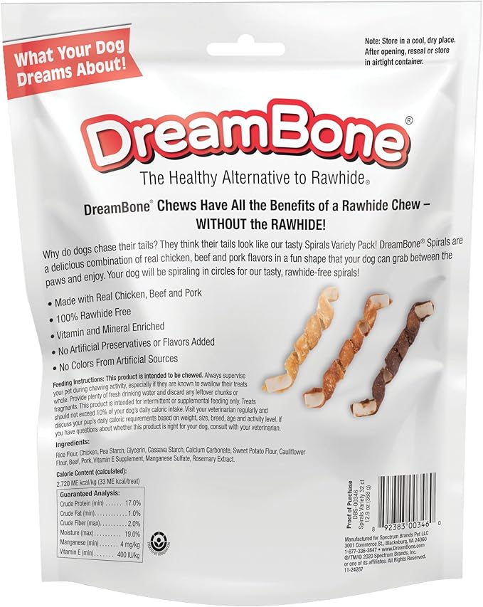 DreamBone Spirals Variety Pack Chews for Dogs, Treat Your Dog to Easy-to-Digest Rawhide-Free Chews Made with Chicken, Beef or Pork, 32 Count
