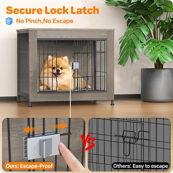 Escape Proof Decorative Dog Crate Furniture with Wooden Top, 27in Furniture Style End Table and Secure Indoor Kennel, Anti Anxiety for All Breeds, Greige