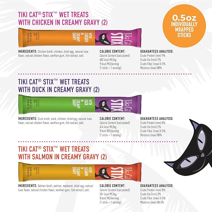 Tiki Cat Stix Wet Mousse Cat Treats, 3 oz. Pouch of Single Serve Lickable Treats, Variety Pack in Gravy, (12 Pack of 72 Tubes)