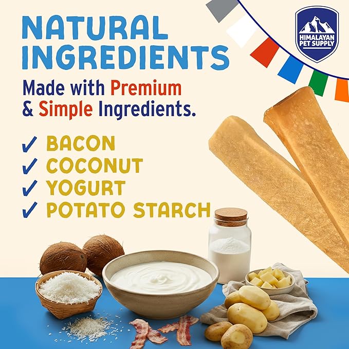 Himalayan Dog Chew Yogurt Sticks, Bacon Flavor, Dog Treats with Prebiotics, Probiotics & Protein, Digestive Support, Lactose & Gluten Free, Natural Dog Treat for All Breeds, Made in America, 4 pk