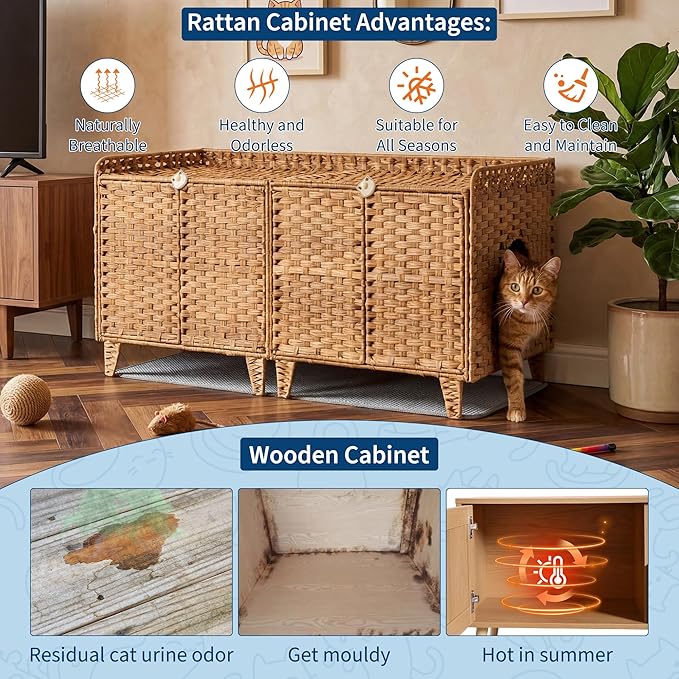 Double Litter Box Enclosure for 2 Cats - Rattan Hidden Cat Furniture with Litter Mat 2 Hooks & Doors, Large Cat House for 2 Litter Boxes, Easy Clean, 47.2" l x 19.7" w x 23.6" h Natural