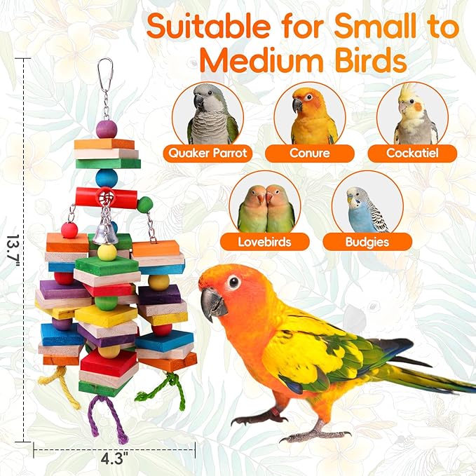 Cockatiel Toys,Natural Wood Bird Toys - 13.7" Interactive Shredding and Chewing Toy for Conures & Parakeets, Small to Medium Parrots Foraging Toys for Cage with Red Pipe & Silver Bell, Beak Health