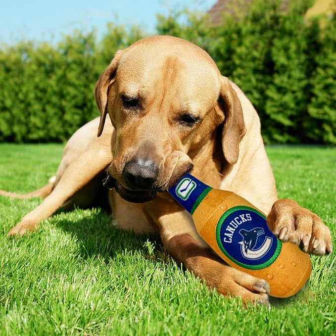 Pets First NHL Vacouver Canucks Beer Bottle Plush Dog & Cat Toy- Cutest Stadium SODA Bottle Snack Plush Toy for Dogs & Cats with Inner Squeaker & Beautiful Hockey Team/Logo