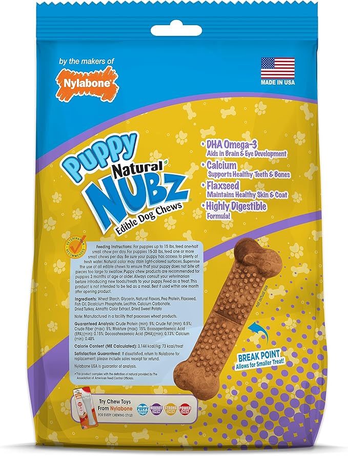 Nylabone Nubz Natural Dog Chew Treats for Puppies, Long Lasting Dog Chew Bones Made in USA, Puppy Training Treats, Turkey & Sweet Potato Flavor, for Small Dogs Up to 25 lbs. (8 Count)