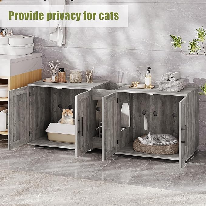 Cat Litter Box Enclosure for 2 Cats,55" Large Hidden Litter Box Furniture with Barn Door & Double Rooms,Modern Indoor Pet House TV Stand Side Table,Cats Washroom,for Bedroom Living Room,Grey