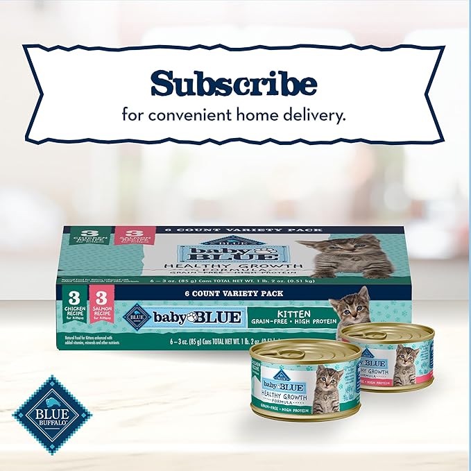 Blue Buffalo Baby Blue Natural Kitten Wet Cat Food Paté Variety Pack, Healthy Growth Formula with DHA, High-Protein & Grain-Free, Chicken and Salmon Recipes, 3-oz Cans (6 Count, 3 of Each) (Pack of 4)