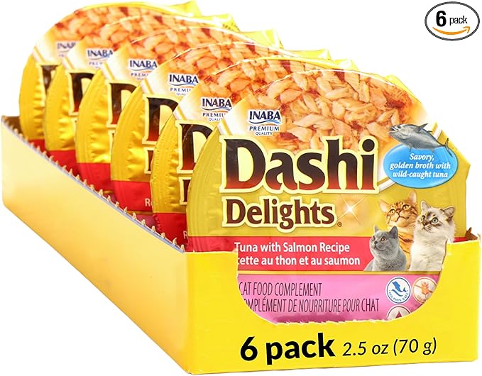 INABA Dashi Delights for Cats, Shredded Tuna Side Dish with Bonito Flake Broth, Cat Food Complement with Taurine & Green Tea Extract, 2.5 Ounce Cup, 6 Cups Total, Tuna with Salmon Recipe