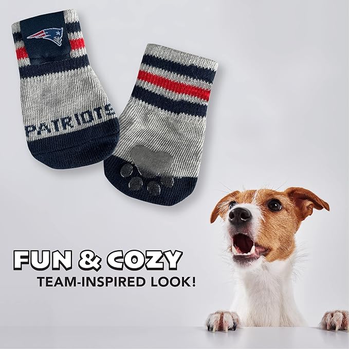 NFL NEW England Patriots Anti Slip Dog Socks with Elastic Ribbed Top, Size X-Small/Small. Indoor/Outdoor Socks, Best Dog Paw Protector, 2 Pairs, Cool Puppy Supplies with NFL Logo of Patriots Team