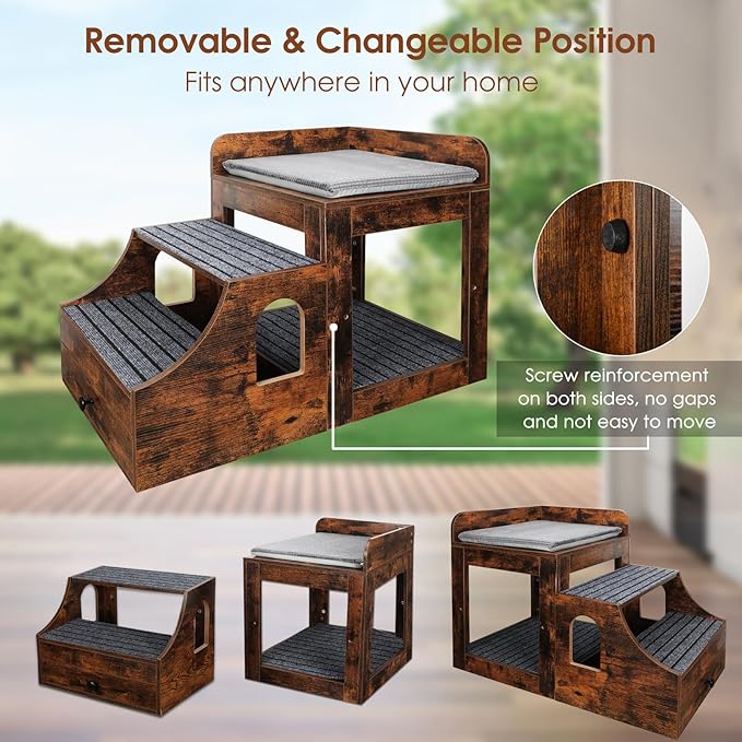 Cat Window Perch with Removable Stairs, Large Pet Bunk Bed with Drawer and Cushion for Cats and Dogs, Strong Frame Pet Bed for Bedside, Home, Indoor, Rustic Brown