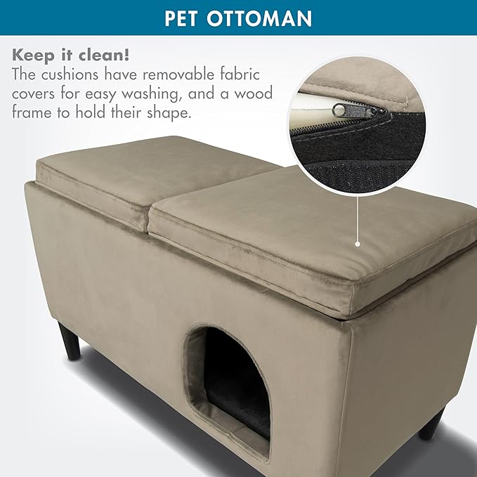 Paws & Purrs 32″ Wide Modern Dual-Purpose Ottoman & Multi-Cat Bed – Stylish 2-in-1 Footstool & Cozy Hideaway for Multiple Cats – Removable Cushioned Top, Hidden Storage, Ash