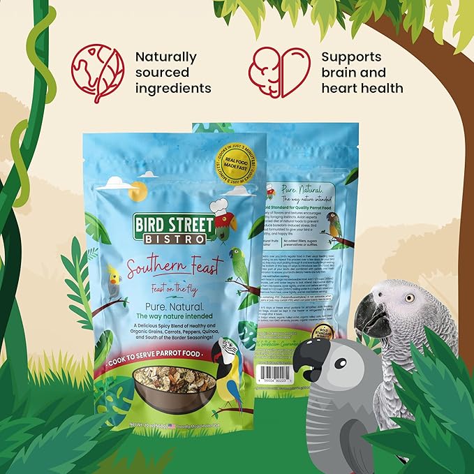 Bird Street Bistro Parrot Food for Parakeets & Cockatiels - Southern Feast - 20 oz - Cooks in 3-15 min, Natural Grains, Fruits & Vegetables - USA Made