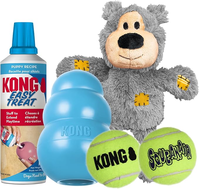 KONG Puppy Starter Dog Toy Kit - Interactive Play Kit with SqueakAir Balls, Easy Treat, Wild Knots Bear & KONG Toy - For Medium Puppies - Blue