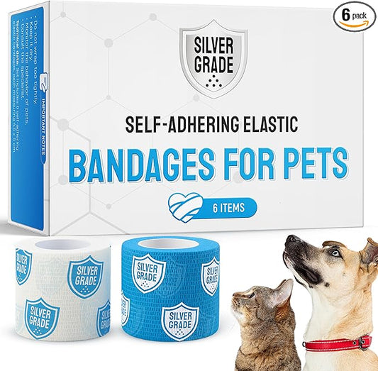 SILVER GRADE Set of 6 Elastic Self-Adhesive Bandages – Cat & Dog Bandages for Wounds from Natural Rubber Latex – Breathable Dog Paw Bandage for All Breeds Care – 2-inch Rolls