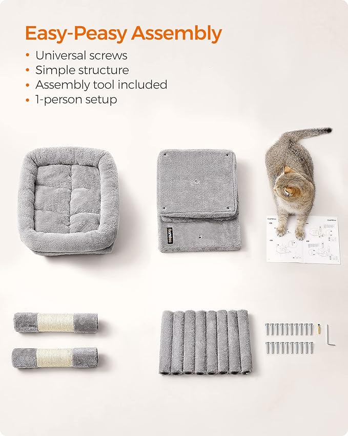 Feandrea Cat Tree, 29.1-Inch Cat Tower, Plush Condo for Medium Cats up to 11 lb, Large Perch, 2 Caves, Scratching Post, Light Gray UPCT612W01
