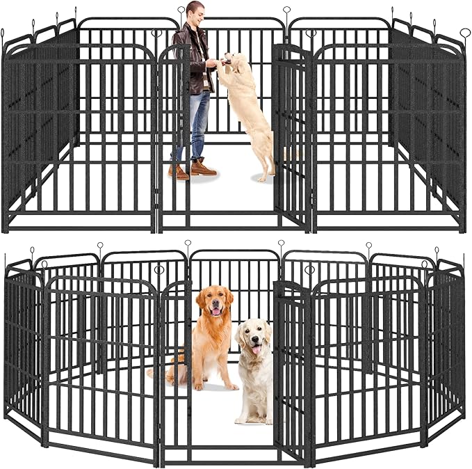 Kfvigoho Heavy Duty Dog Playpen: 12 Steel Panels 40" Height, Square Steel Pipe with Reinforced Crossbars, 27FT 57 Sq.ft Portable Fence for Yard RV Camping, Snowy Black