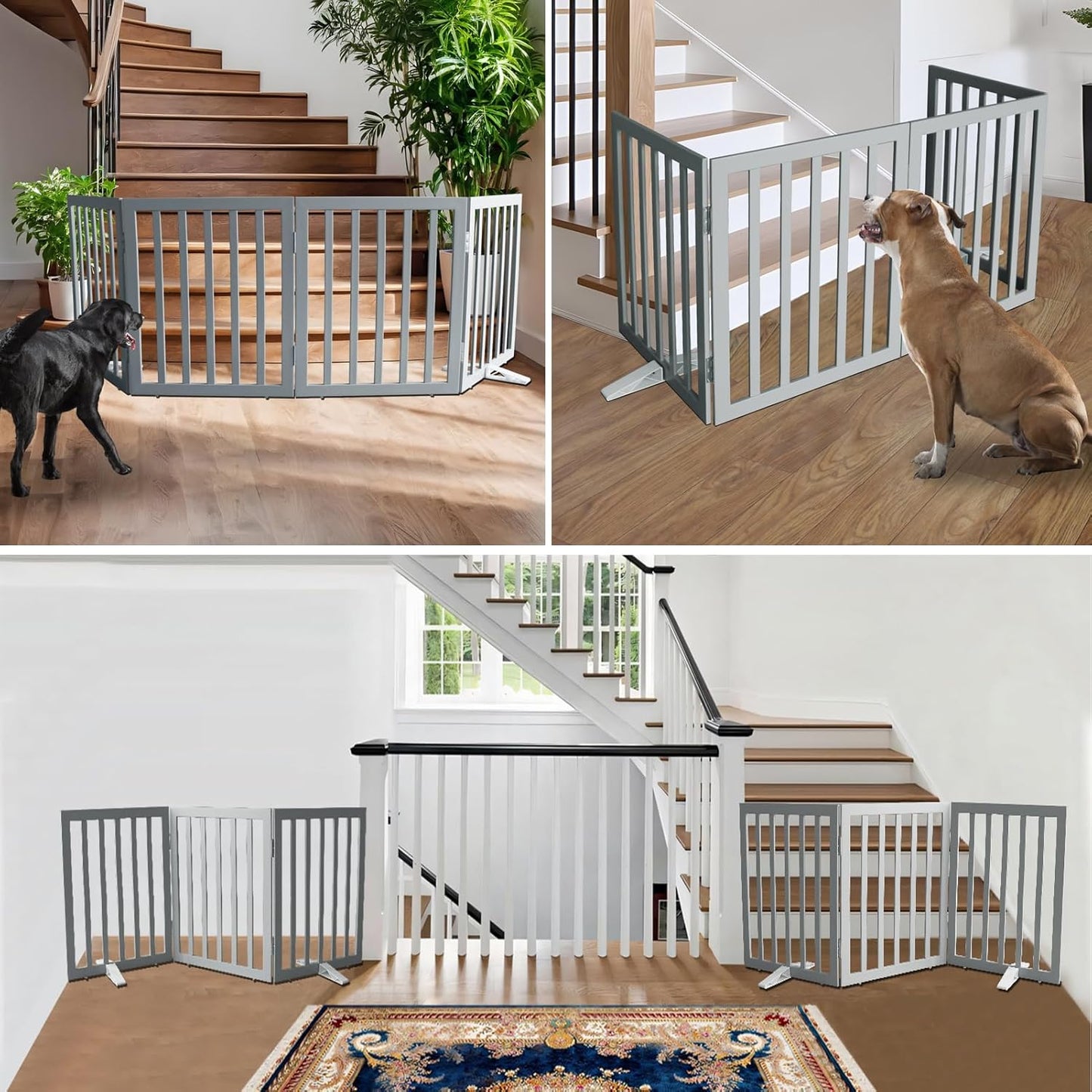 ZJSF Freestanding Indoor Dog Gate for House Foldable Wood Puppy Gate for Doorways Pet Gate for Stairs Extra Wide Pet Fence, Grey, 24" Height 4 Panels