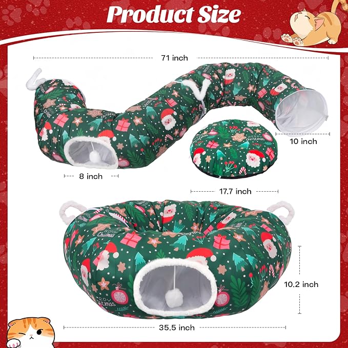 Christmas Tree Cat Tunnel, Soft Cat Tunnels for Indoor Cats with Middle Cushion, Cute Pet Donut Cave Bed Play Toys, Xmas Tree Decorations Protector Gifts