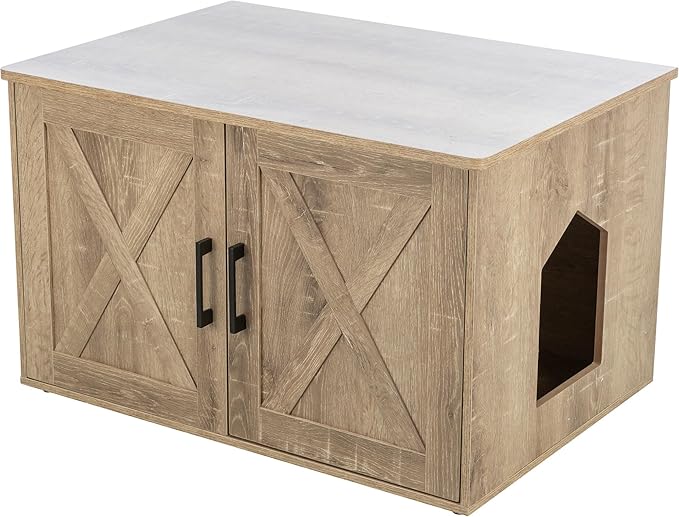TRIXIE XL Farmhouse Litter Box Enclosure (Graywash), Hidden Litter Box for Cats in Farmhouse-Style, Openings on Either Ends, Large Ventilations Slots, Double Doors for Easy Cleaning, Removable Divider
