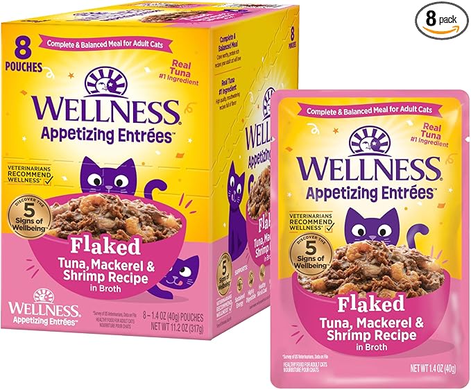 Wellness Appetizing Entrées Flaked Adult Wet Cat Food, Natural, Protein-Rich, Grain Free, 1.4 Ounce Pouch, 8 Pack (Tuna, Mackerel, Shrimp Recipe)