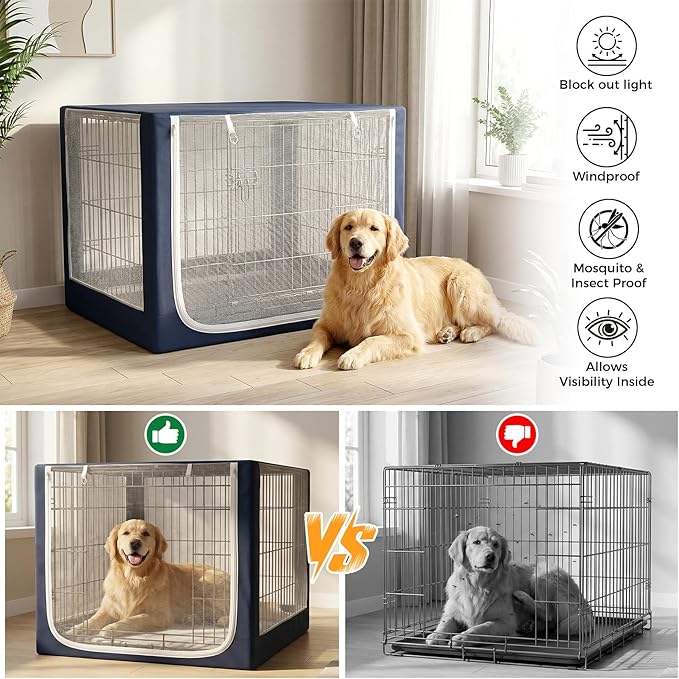Dog Crate Cover, Breathable Mesh Mosquito Net, Elastic Bottom & Front Zipper, Fits 42inches Crates, Perfect for Dog Crates & Pet Kennels（Only Cover）