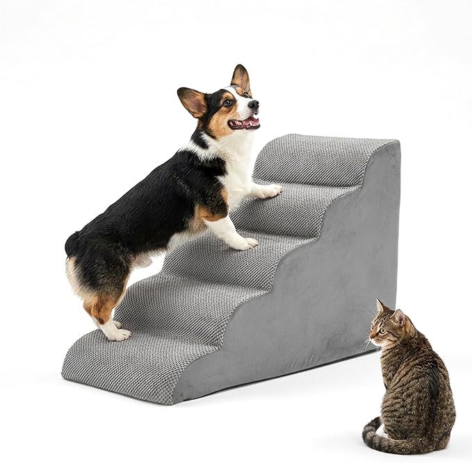 HealSmart Dog Stairs for Small Dogs, 5-Step Curved Design Pet Steps for Puppies & Senior Cats, High-Density Foam Indoor Non-Slip Ladder, Perfect for Sofa Couch and Chair Furniture Access, Gray