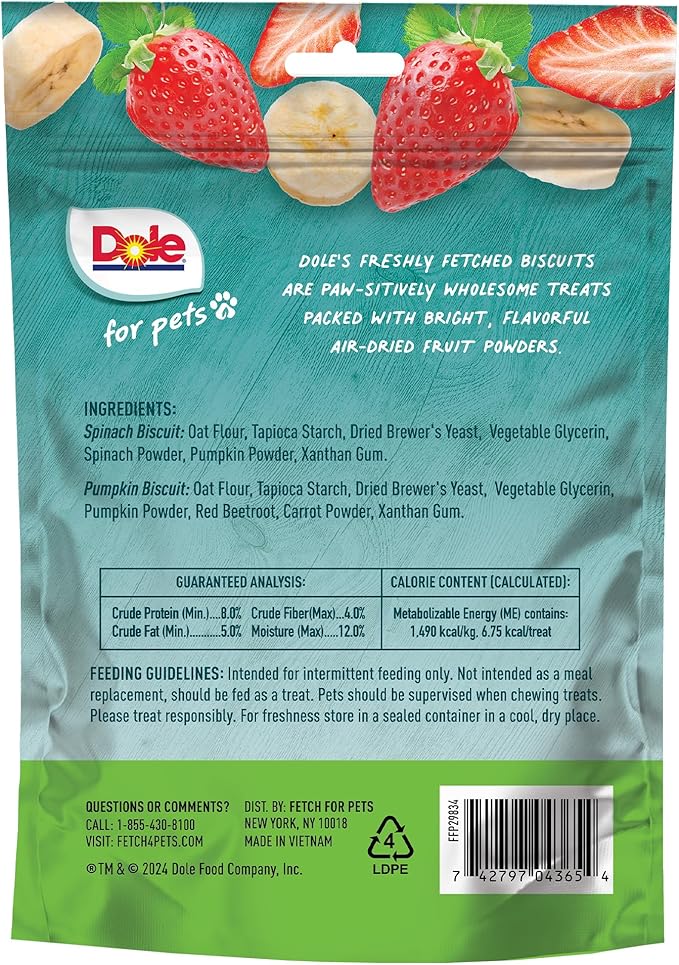 Dole for Pets Dog Biscuits Assorted Banana + Strawberry Mix, Real Fruit Flavor Vegan Crunchy Treats, No Wheat Corn Soy or Artificial Additives, Bite Size Training Snacks for Dogs, 7 Oz (Pack of 2)