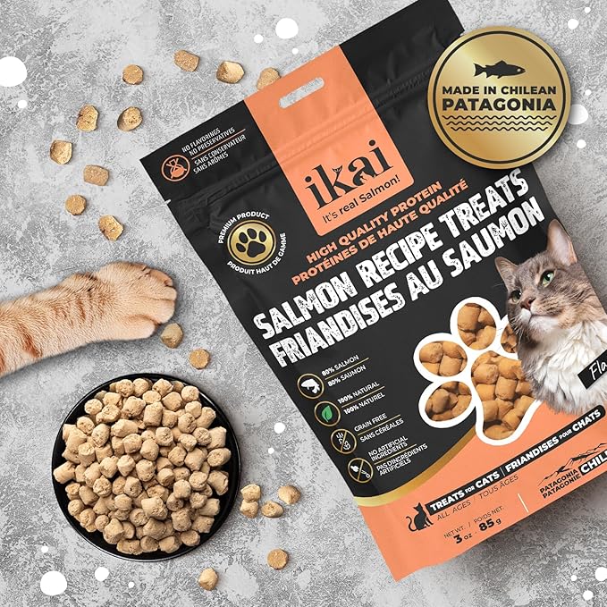 IKAI - Patagonian Salmon Cat Treats - Premium 100% Natural Treats - Hypoallergenic, with Omega 3 & 6 for Healthy Skin & Glossy Coat, Oven-Baked, Grain-Free, No Added Salt - 3 oz
