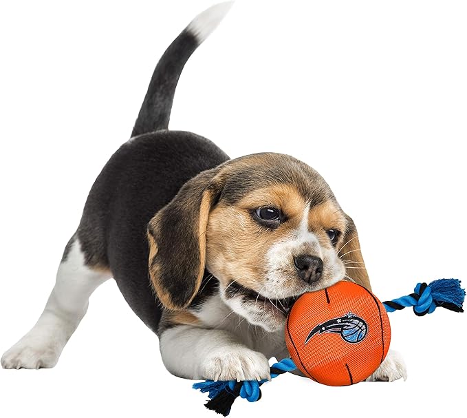 Pets First NBA Orlando Magic Basketball Toy. - Tough Nylon Pet Toy with Tug Ropes & Inner Squeaker, one Size (MAG-3105)