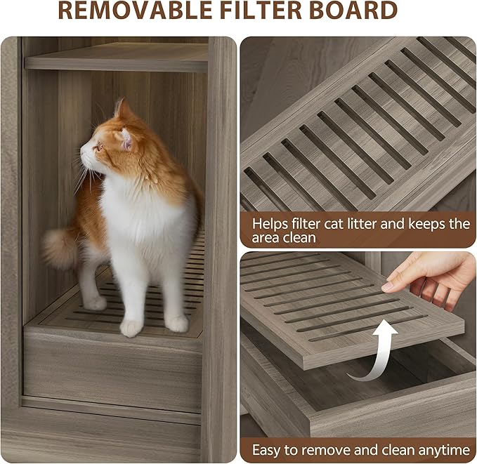 Cat Litter Box Enclosure for Automatic Litter Box, Litter Box Enclosure with Litter Collector and Power Outlet, Large Cat House with Adjustable Shelf for Dog Proof, Side Table, Grey