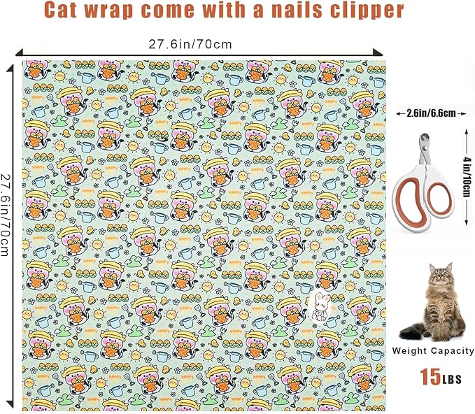 Cat Wrap for Cutting Nails, Self-Adhesive Cat Grooming Wrap Anti-Escape Anti-Scratch Calming Cat Swaddle Wrap for Nail Clipping, Medicine, Ear Cleaning, Multifuctional Pet Tool for Cat-Owner, Vet