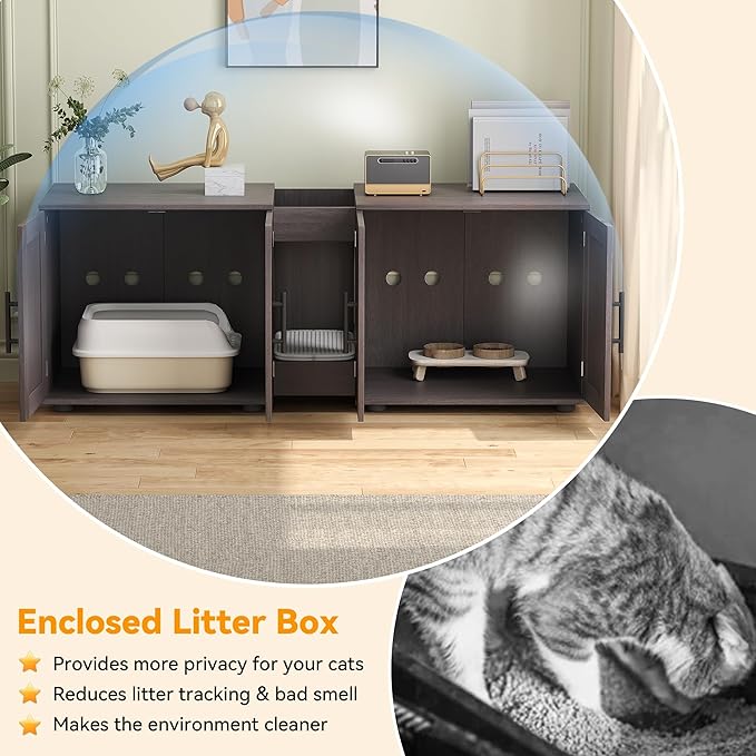 Cat Litter Box Enclosure for 2 Cats,55" Large Hidden Litter Box Furniture with Barn Door & Double Rooms,Modern Indoor Pet House TV Stand Side Table,Cats Washroom,for Bedroom Living Room,Walnut