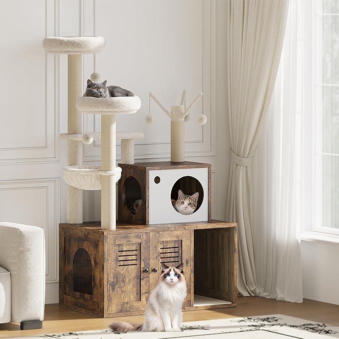 Modern Wooden Cat Tower with Hidden Litter Box Enclosure, Multi-Level Cat Condo, Scratching Posts, Cozy Hanging Basket & Toy, Durable Cat Tree Furniture for Indoor Cats, Vintage Brown