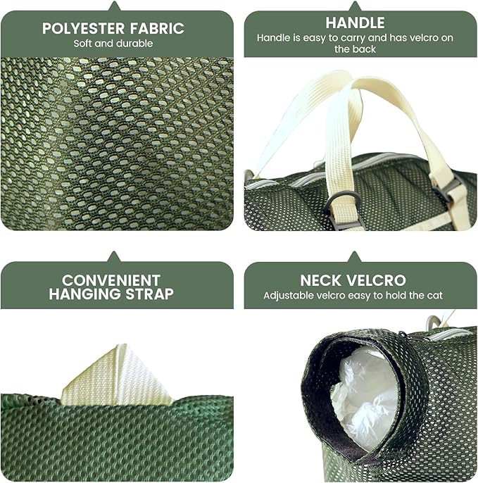 Cinf Cat Bathing Bag(Free Muzzle) Breathable Mesh Anti Scratch Adjustable Cat Grooming Bag for Nail Trimming, Bathing Soft Cat Washing Bag(Moss Green) M