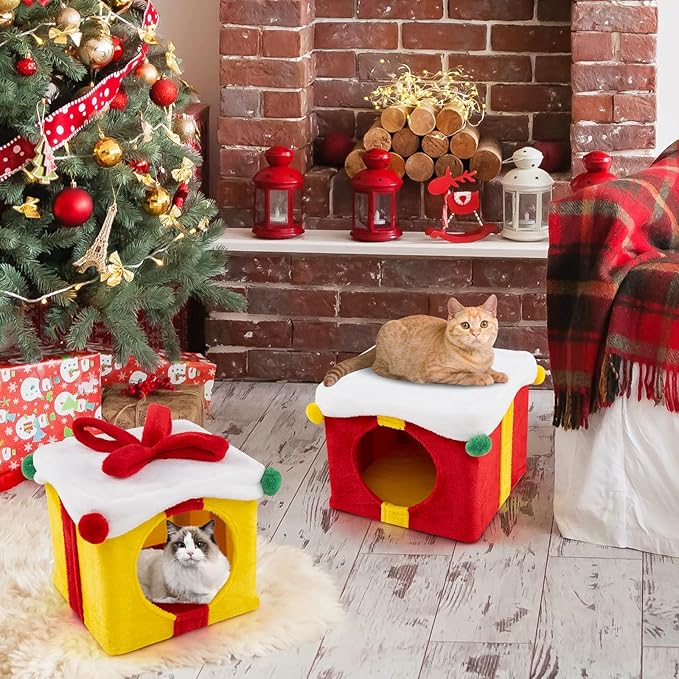 PETSITE Christmas-Themed Gift Box-Shaped Cat House, Stackable 2-Piece Indoor Cat Caves for Kittens, Colorful 2-Story Cat Hideaway Cat Bed for Indoor Cats
