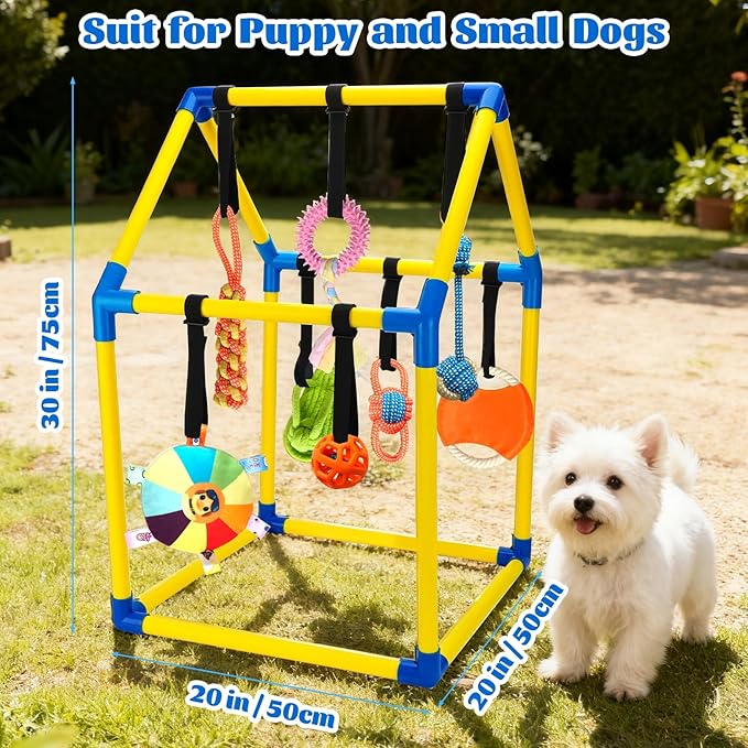 Puppy Play Gym with 9 Hanging Toys, Interactive Dog Enrichment Playground, Removable Indoor Training Activity Center for Puppies & Small Dogs, Adjustable PVC Frame, Teething & Squeaky Toys Included