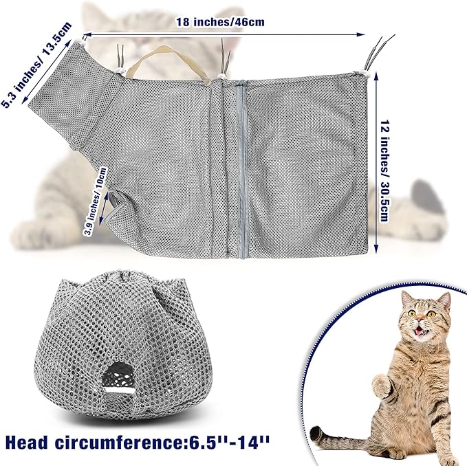2 Pieces Cat Grooming Washer Mesh Bag Cat Muzzles Breathable Mesh Muzzles Adjustable Kitten Scratch Resistant Kitty Restraint Clothes Kitty Bath Bag for Bathing Nail Trimming Feeding(Gray)