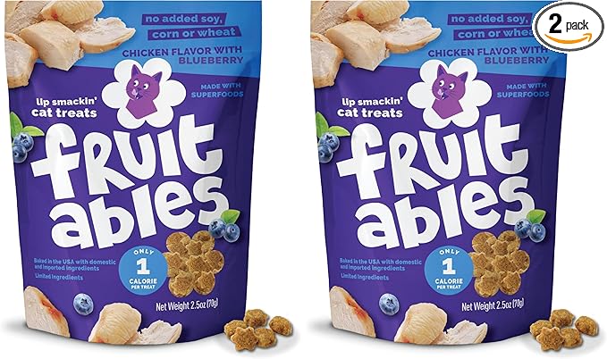 Fruitables Crunchy Low Calorie Treats Packed with Protein for Cats Healthy Free of Wheat, Corn and Soy – Made with Real Chicken with Blueberry – 2.5 Ounces (Pack of 2)