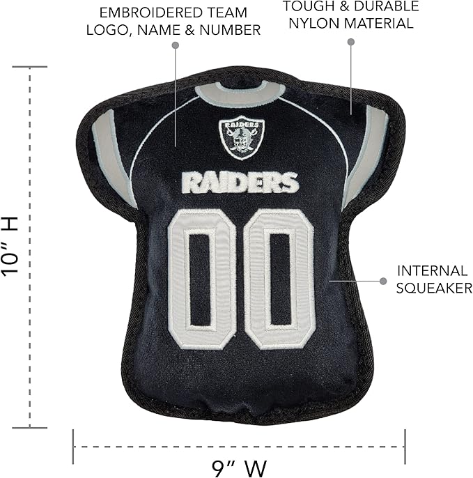 The 1st Ever Tough but Smooth Dog Toy NFL LAS Vegas Raiders Football Jersey Tough Pet Toy. A Premium Quality Doggie Toy with Built-in Squeaker. Sports Fans Favorite Chew Toy