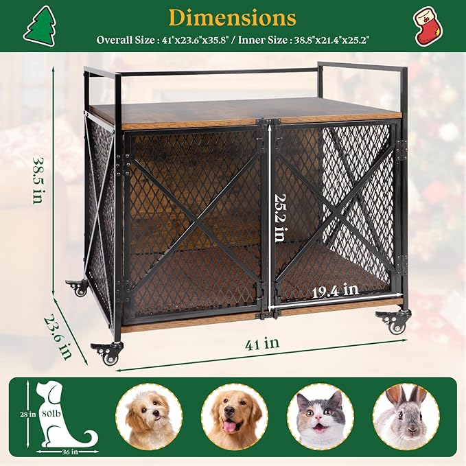 41" Dog Crate Indoor Furniture-Style for Large & Medium Dogs, Heavy Duty Wooden Indoor Dog Cage with 4 Lockable Wheels &Cushion for Living Room, Bedroom, House, Rustic Brown