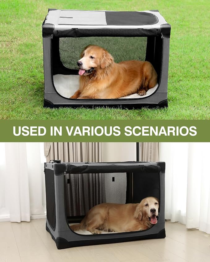 42 x 31 x 31 Inch Collapsible Soft Dog Crate for Dogs Up to 90 lbs, Portable Travel Pet Kennel with 4 Zip Doors, Foldable Indoor Outdoor Crate with Mat, Carry Bag, Grey