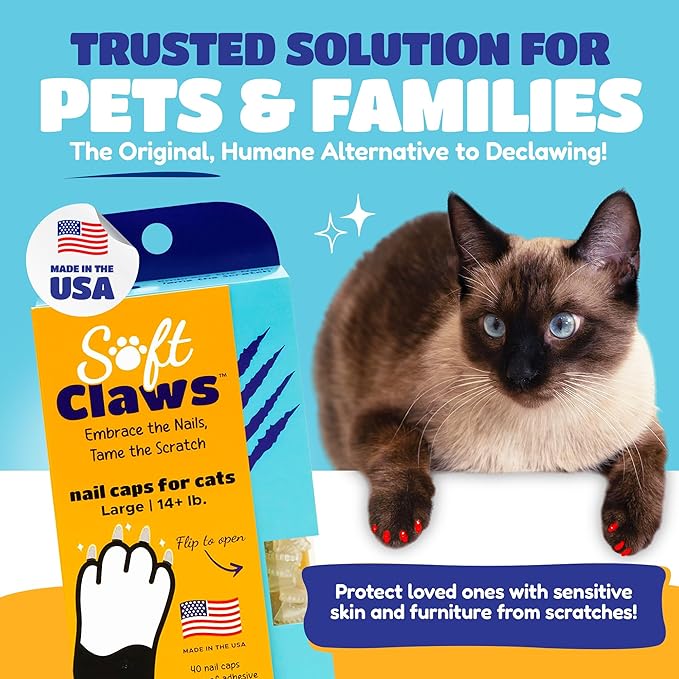 Soft Claws Cat Nail Caps for Large Cats – (40 Caps, Pink and Green) - Veterinarian-Developed | Protects Furniture & Skin - Easy to Apply, Long-Lasting Anti-Scratch Soft Cat Claw Covers