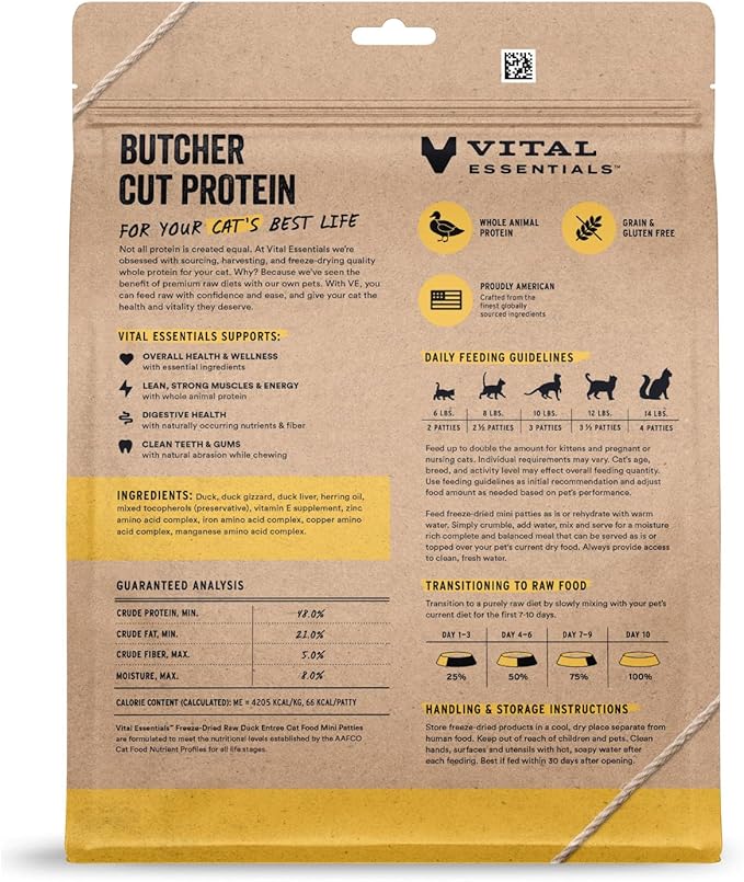 Vital Essentials Freeze Dried Cat Food, Raw Duck Mini Patties | Complete Meal or Topper | Easy to Portion and Rehydrate | High Protein, Grain Free Dry Cat Food |15 oz Bag