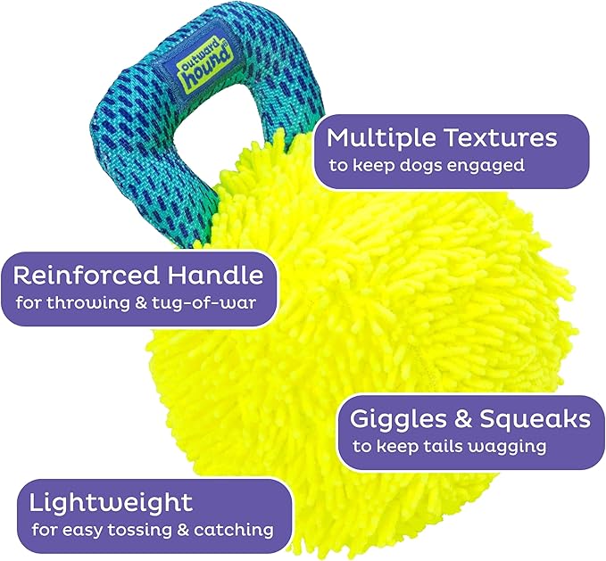 Outward Hound FlyFetch Giggle Ball Dog Toy, Giggles & Squeaks, Handle for Tug & Fetch, Lightweight, Multiple Textures, All Breeds, 7.3"