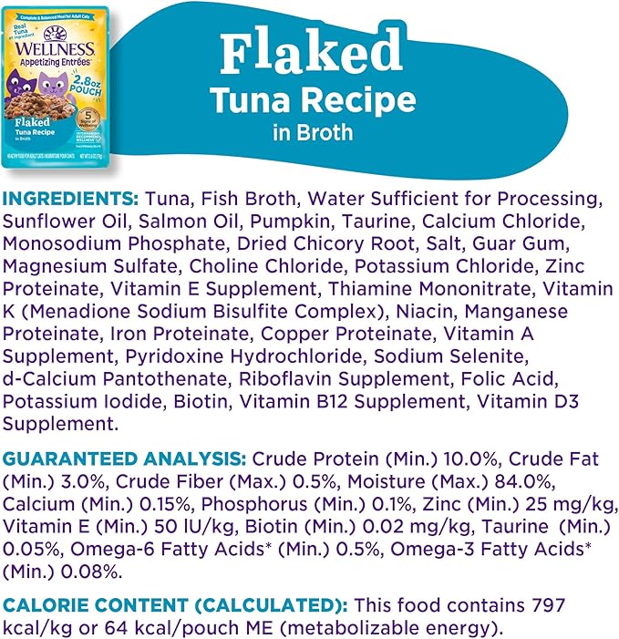 Wellness Appetizing Entrées Flaked Adult Wet Cat Food, Natural, Protein Rich, Grain Free, Tuna Recipe, 1.4 oz, Pack of 8 Pouches