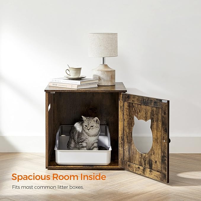 Feandrea Cat Litter Box Furniture, Hidden Litter Box Enclosure Cabinet with Single Door, Indoor Cat House, End Table, Nightstand, Rustic Brown and Black UPCL004X02
