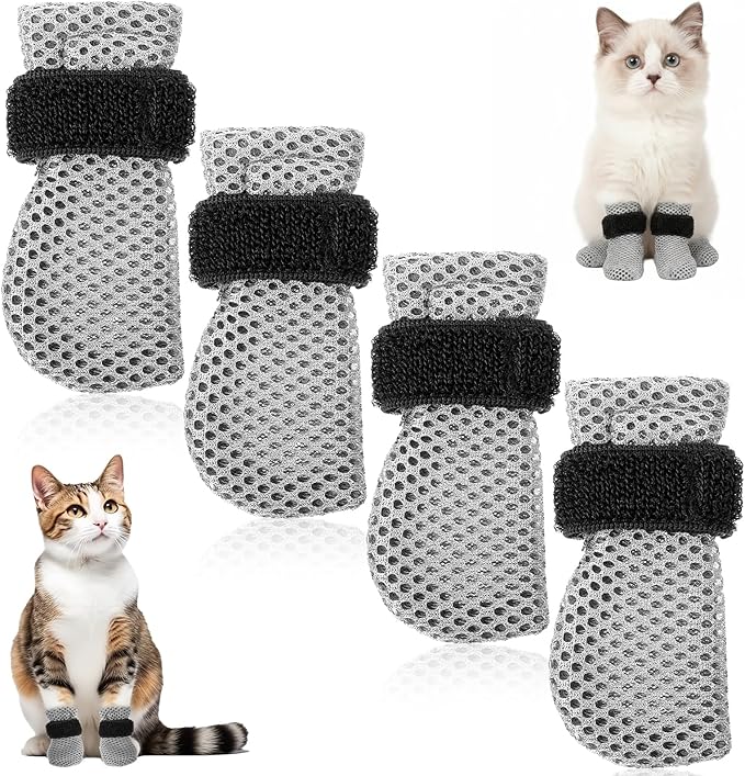 Qianyu 4 Pcs Cat Boots Anti Scratch Mittens Gloves Mesh Cat Claw Protectors Foot Covers Adjustable Breathable Kitten Shoes to Prevent Scratching for Pet Bathing Feeding Cutting Nails Trimming
