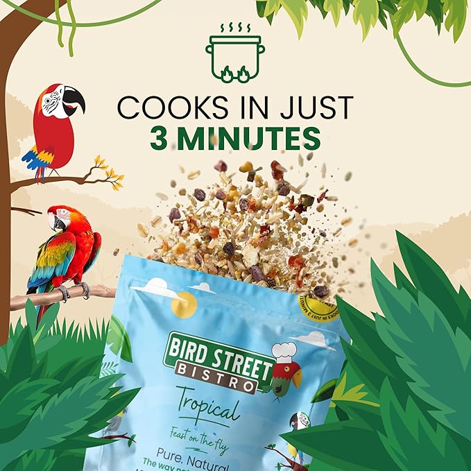 Bird Street Bistro Parrot Food - Parrot Food - Cooks in 3-15 min w/Natural Grains, Legumes, Non-GMO Fruits, Vegetables & Health-Oriented Spices.