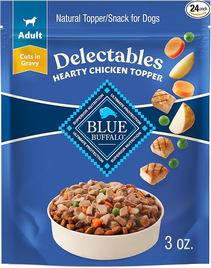 Blue Buffalo Delectables Natural Wet Dog Food Toppers, Tasty Chicken Cuts in Gravy, 3-oz. (24 Pouches)