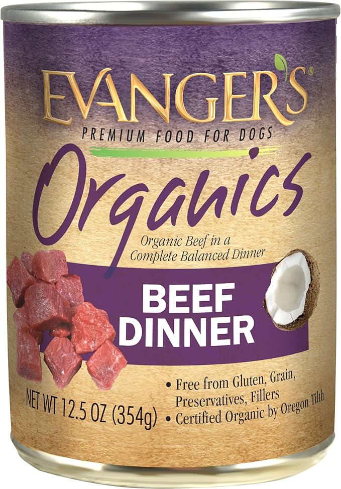 Evanger's Organics Beef Dinner for Dogs – 12 Count, 12.5 oz Each – Qualified Organic, Grain Free, GMO Free – Nutrient-Dense Recipe with Organic Vegetables – Wet Dog Food